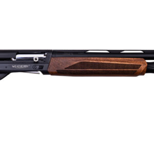Bolt-action rifle with a wooden stock and long black barrel, Weatherby branding on the receiver, and vented fore-end grip