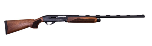 Bolt-action rifle with a wooden stock and long black barrel, Weatherby branding on the receiver, and vented fore-end grip
