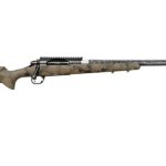 Bolt-action hunting rifle with a camouflaged stock and long barrel