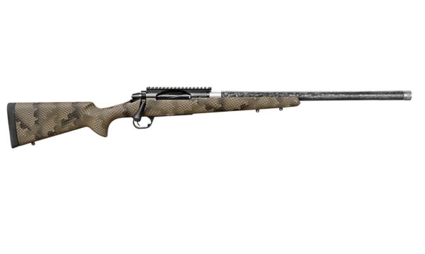 Bolt-action hunting rifle with a camouflaged stock and long barrel
