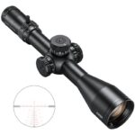 Black riflescope with multiple adjustment dials and a long objective lens, shown at an angle; inset image shows a red reticle grid for aiming.