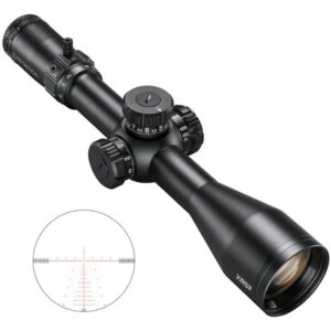 Black riflescope with multiple adjustment dials and a long objective lens, shown at an angle; inset image shows a red reticle grid for aiming.