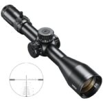 Black riflescope with adjustment turrets and a long eyepiece; inset shows a circular reticle with horizontal and vertical crosshairs and measurement marks.