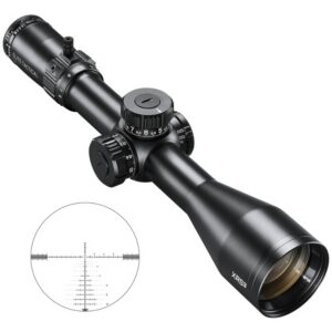 Black riflescope with adjustment turrets and a long eyepiece; inset shows a circular reticle with horizontal and vertical crosshairs and measurement marks.
