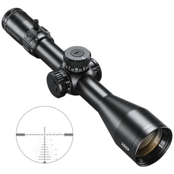 Black riflescope with adjustment turrets and a long eyepiece; inset shows a circular reticle with horizontal and vertical crosshairs and measurement marks.