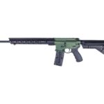 Side-profile view of a green-and-black assault rifle with a long barrel, black handguard, and a detachable magazine.