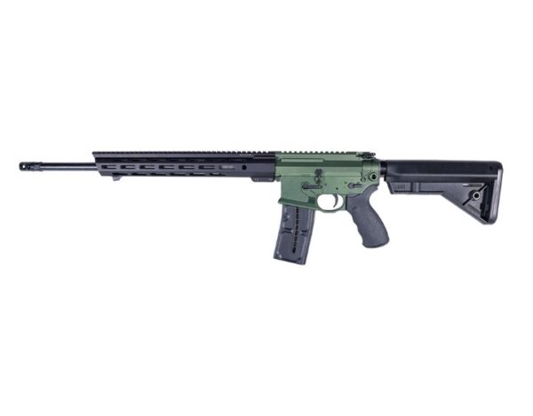 Side-profile view of a green-and-black assault rifle with a long barrel, black handguard, and a detachable magazine.