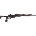 Black tactical rifle shown in side profile with adjustable stock and long vented handguard