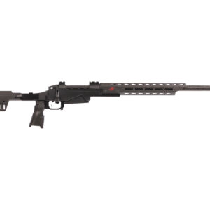 Black tactical rifle shown in side profile with adjustable stock and long vented handguard