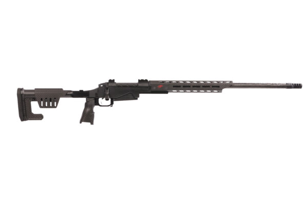 Black tactical rifle shown in side profile with adjustable stock and long vented handguard