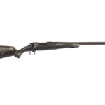 Camouflage-pattern bolt-action hunting rifle with long barrel and trigger guard