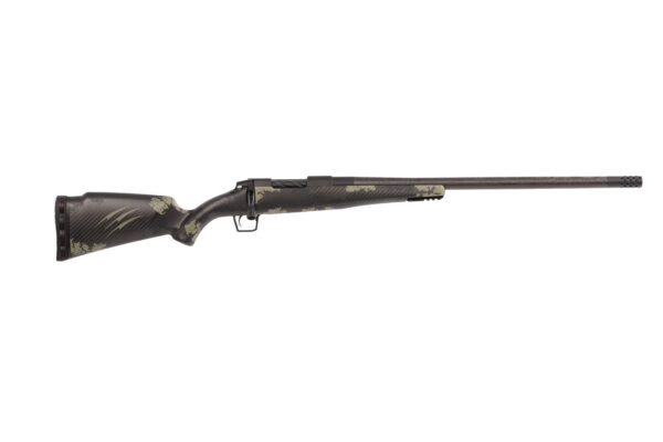 Camouflage-pattern bolt-action hunting rifle with long barrel and trigger guard
