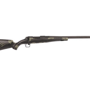 Camouflage-patterned hunting rifle shown in profile with a long barrel and dark stock,