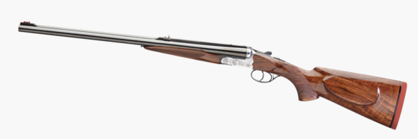 Over-under shotgun with polished steel double barrels and a polished walnut stock