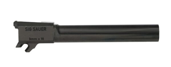 Close-up of a SIG SAUER 9mm pistol barrel and slide assembly on a white background, isolated component.