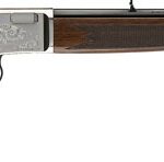 Lever-action rifle with wooden stock and long metal barrel, side lever under the receiver and iron sights