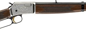 Lever-action rifle with wooden stock and long metal barrel, side lever under the receiver and iron sights