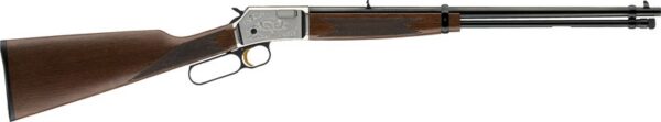 Lever-action rifle with wooden stock and long metal barrel, side lever under the receiver and iron sights