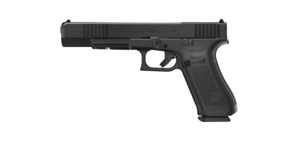 Side profile of a black Glock 17L Gen5 semi-automatic pistol with textured grip and long slide, shown in profile.