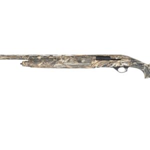 Camouflage-patterned hunting shotgun shown in profile with a long barrel and camouflage stock back to the recoil pad.