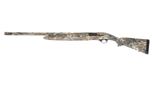 Camouflage-patterned hunting shotgun shown in profile with a long barrel and camouflage stock back to the recoil pad.