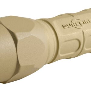 Tan tactical flashlight with knurled grip and SureFire branding on the body