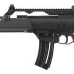 Black semi-automatic rifle with a long barrel, top Picatinny rail, foregrip handguard, curved magazine, and collapsible stock.
