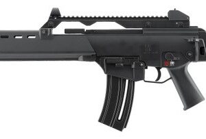 Black semi-automatic rifle with a long barrel, top Picatinny rail, foregrip handguard, curved magazine, and collapsible stock.