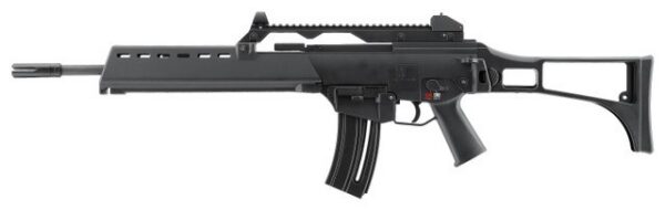 Black semi-automatic rifle with a long barrel, top Picatinny rail, foregrip handguard, curved magazine, and collapsible stock.