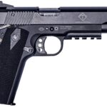 Side view of a black semi-automatic pistol with a textured grip and metal slide.
