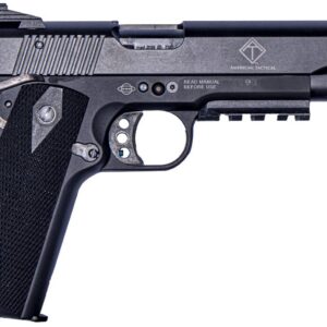 Side view of a black semi-automatic pistol with a textured grip and metal slide.