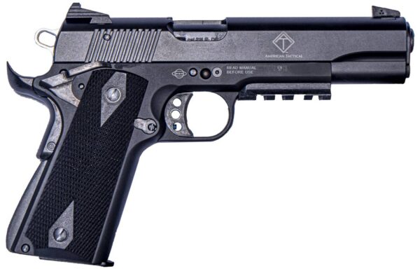 Side view of a black semi-automatic pistol with a textured grip and metal slide.