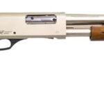 Side view of a double-barreled shotgun with a wooden stock and silver receiver.