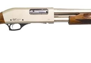 Side view of a double-barreled shotgun with a wooden stock and silver receiver.