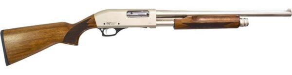 Side view of a double-barreled shotgun with a wooden stock and silver receiver.