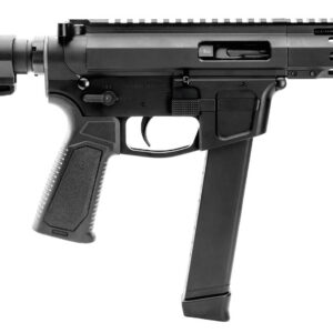 Black semi-automatic rifle in profile view with an adjustable stock, polymer grip, and long vented handguard on a white background.