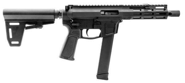 Black semi-automatic rifle in profile view with an adjustable stock, polymer grip, and long vented handguard on a white background.