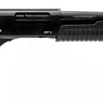 Side view of a black semi-automatic shotgun with a synthetic stock and long barrel.