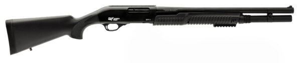 Side view of a black semi-automatic shotgun with a synthetic stock and long barrel.