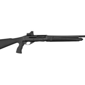 Black semi-automatic rifle with a synthetic stock and long barrel, shown in profile from the left