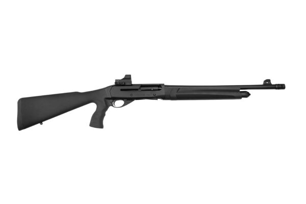 Black semi-automatic rifle with a synthetic stock and long barrel, shown in profile from the left