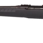Black bolt-action rifle with a long barrel and black synthetic stock, shown in profile.