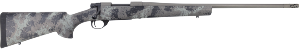 Bolt-action rifle with gray camouflage stock, long barrel and muzzle brake, shown in left-side profile.