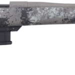 Bolt-action rifle with a gray camouflage finish and a detachable box magazine shown from the left side.