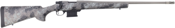 Bolt-action rifle with a gray camo-pattern stock, long barrel, and a detachable box magazine shown from the side.