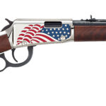 Lever-action rifle with a polished wooden stock and a US flag design on the receiver