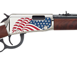 Lever-action rifle with a polished wooden stock and a US flag design on the receiver