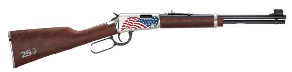Lever-action rifle with a polished wooden stock and a US flag design on the receiver