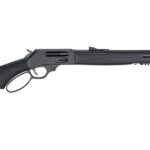 Side view of a black lever-action shotgun with a long barrel and synthetic stock, shown horizontally.