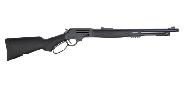 Side view of a black lever-action shotgun with a long barrel and synthetic stock, shown horizontally.